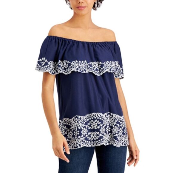 Fever Embroidered Off-the-shoulder Top Navy Blue - Picture 2 of 3